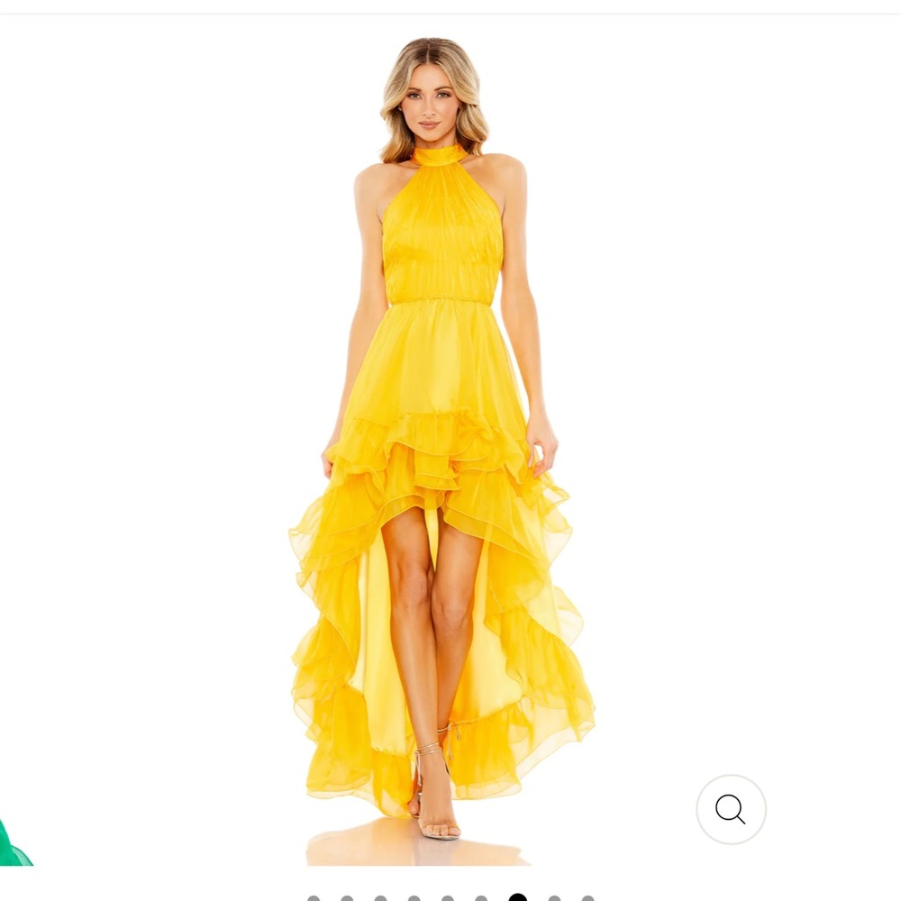 RUFFLE TIERED HIGH LOW PLEATED HALTER NECK GOWN